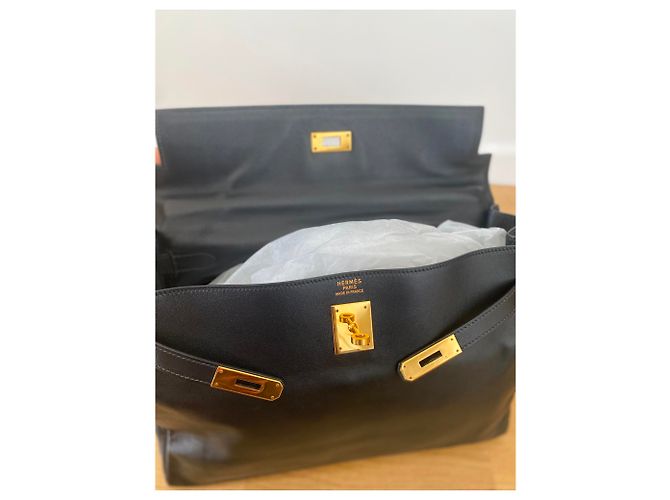 Kelly Borsa Hermès in pelle nera 35cm Nero - vista 5
