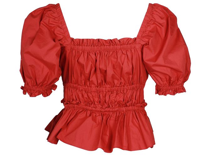 Ulla Johnson Evita Camicetta arricciata con nappe in cotone rosso - vista 3