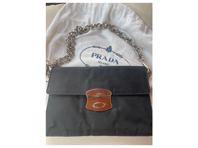 Ribbon Pochette Prada in Tencel nero con catena - vista 2
