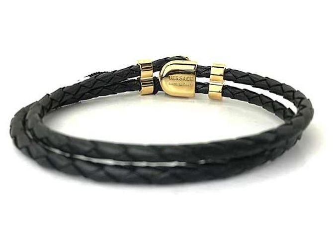 Pulseira Versace Preta e Dourada Couro e Metal Preto Dourado - vista 3