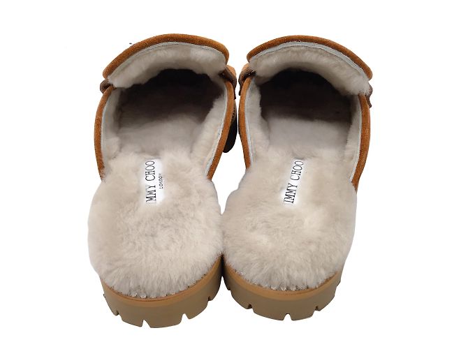 Jimmy Choo Ronnie Tan / Natural Crystal Embellished Shearling Lined Soft Suede Flat Mules - view 6