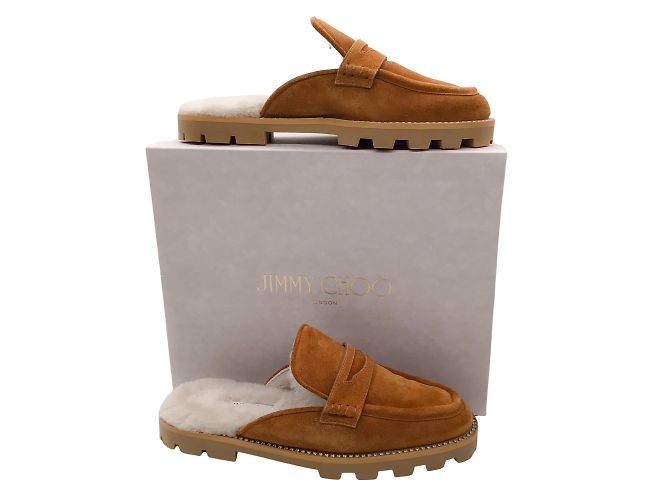 Jimmy Choo Ronnie Tan / Natural Crystal Embellished Shearling Lined Soft Suede Flat Mules - view 7