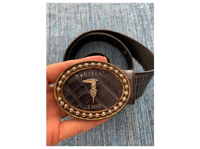 Trussardi Jeans Krokodilleder Gürtel Schwarz Gold Gold hardware - Ansicht 6