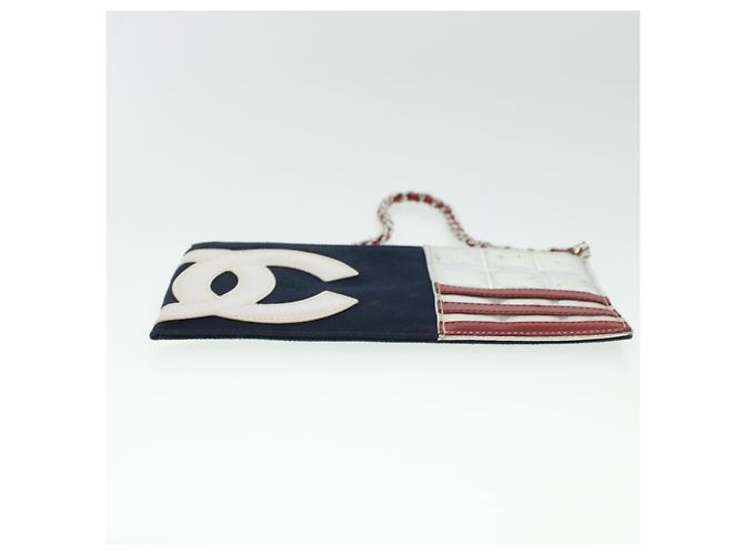 CHANEL Chain Choco Bar Umhängetasche Canvas Marine Silber Rot CC Auth 45611 Marineblau - Ansicht 10