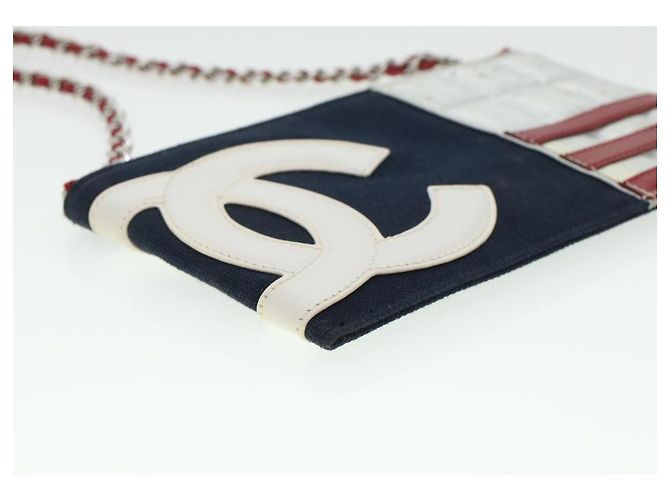 CHANEL Chain Choco Bar Umhängetasche Canvas Marine Silber Rot CC Auth 45611 Marineblau - Ansicht 12