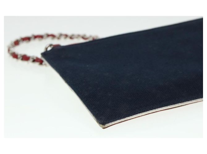 CHANEL Chain Choco Bar Umhängetasche Canvas Marine Silber Rot CC Auth 45611 Marineblau - Ansicht 14