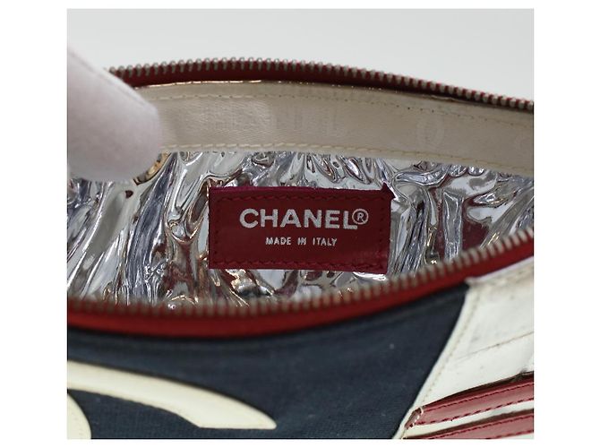 CHANEL Chain Choco Bar Umhängetasche Canvas Marine Silber Rot CC Auth 45611 Marineblau - Ansicht 16