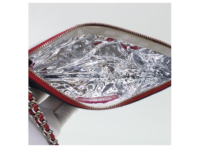 CHANEL Chain Choco Bar Umhängetasche Canvas Marine Silber Rot CC Auth 45611 Marineblau - Ansicht 17