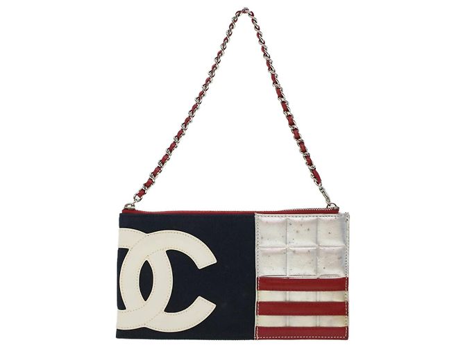 CHANEL Chain Choco Bar Umhängetasche Canvas Marine Silber Rot CC Auth 45611 Marineblau - Ansicht 2
