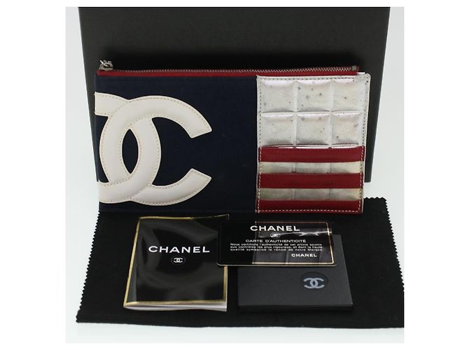 CHANEL Chain Choco Bar Umhängetasche Canvas Marine Silber Rot CC Auth 45611 Marineblau - Ansicht 21