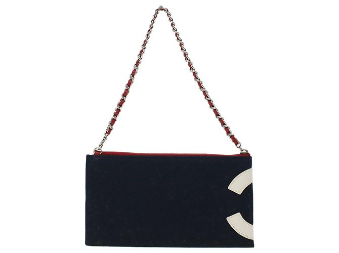 CHANEL Chain Choco Bar Umhängetasche Canvas Marine Silber Rot CC Auth 45611 Marineblau - Ansicht 3