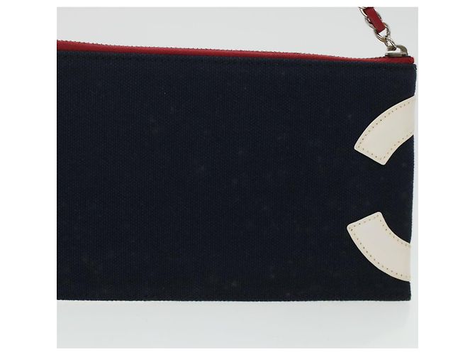 CHANEL Chain Choco Bar Umhängetasche Canvas Marine Silber Rot CC Auth 45611 Marineblau - Ansicht 4