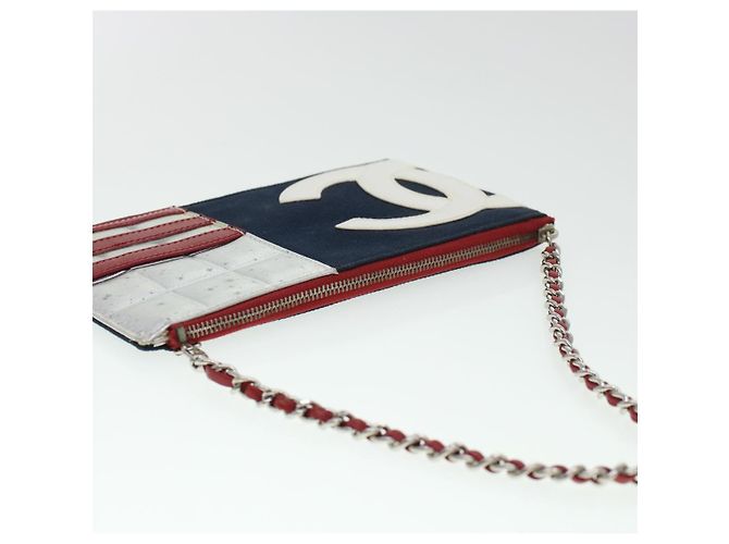 CHANEL Chain Choco Bar Umhängetasche Canvas Marine Silber Rot CC Auth 45611 Marineblau - Ansicht 7