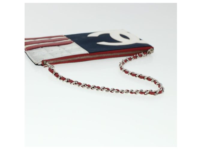 CHANEL Chain Choco Bar Umhängetasche Canvas Marine Silber Rot CC Auth 45611 Marineblau - Ansicht 8