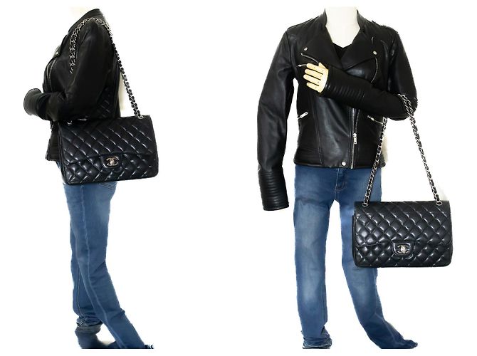 CHANEL Bolsa de ombro grande em couro de bezerro granulado com aba SV Classic Preto - vista 12