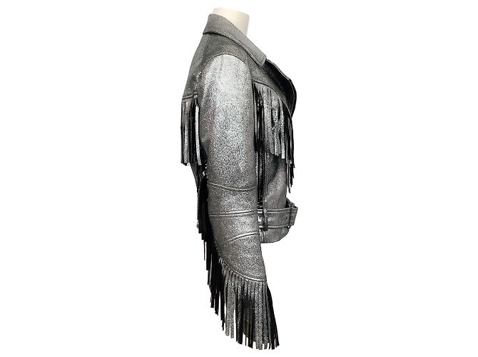 Drome Silber-Metallic-Lederjacke mit Fransen - Ansicht 2