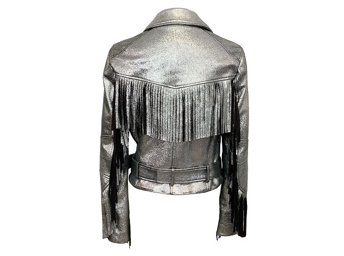 Drome Silber-Metallic-Lederjacke mit Fransen - Ansicht 3