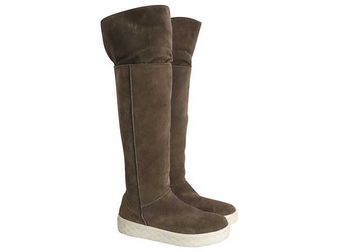Stivali Moncler foderati in shearling al ginocchio in pelle scamosciata grigia Grigio - vista 3