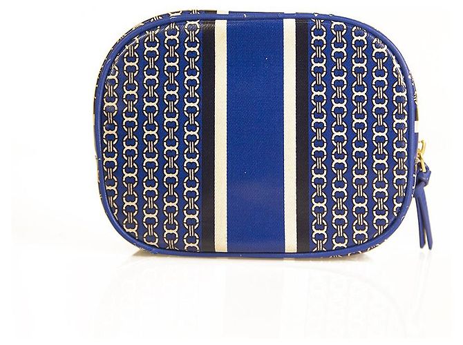 Tory Burch Blue White Chain Pattern Canvas Zipper Clutch Handbag Toiletry Bag - view 2