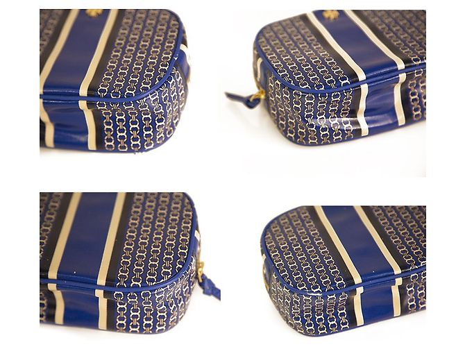 Tory Burch Blue White Chain Pattern Canvas Zipper Clutch Handbag Toiletry Bag - view 4