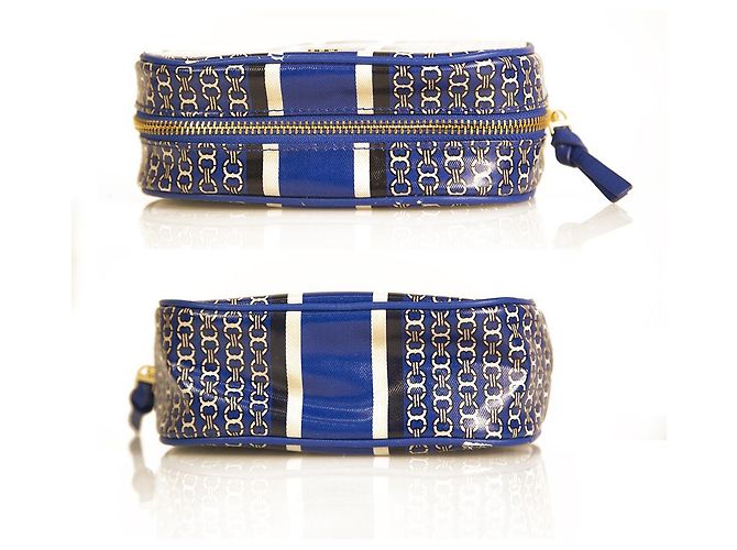 Tory Burch Blue White Chain Pattern Canvas Zipper Clutch Handbag Toiletry Bag - view 5