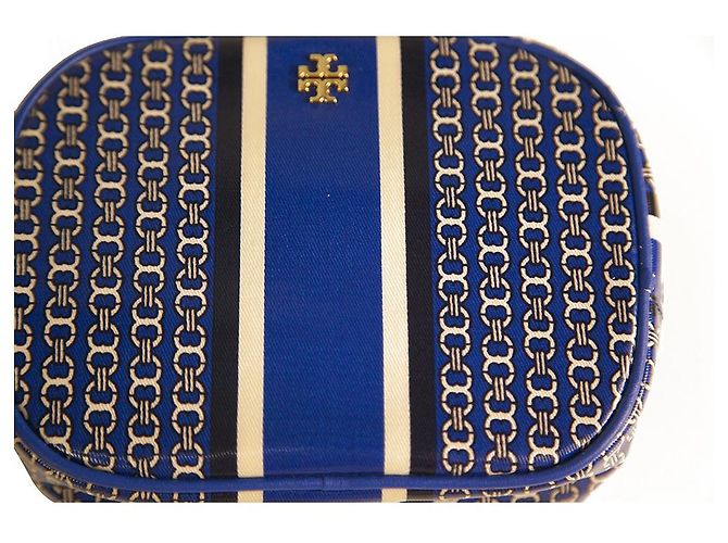 Tory Burch Blue White Chain Pattern Canvas Zipper Clutch Handbag Toiletry Bag - view 6