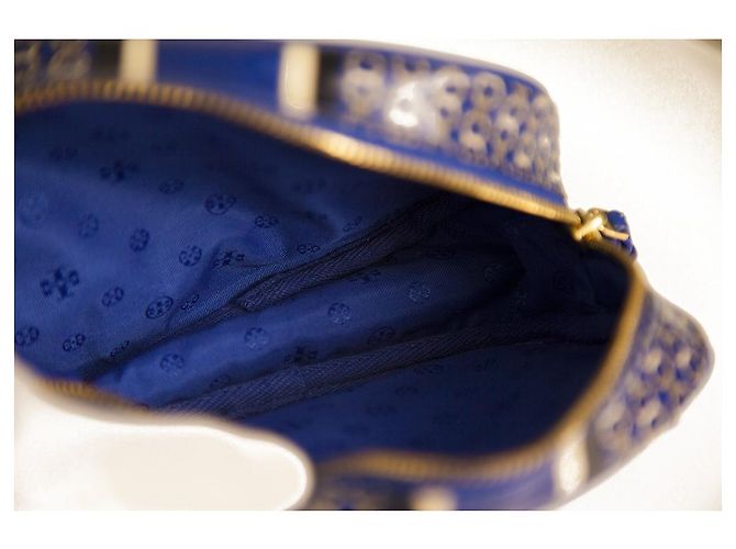 Tory Burch Blue White Chain Pattern Canvas Zipper Clutch Handbag Toiletry Bag - view 7