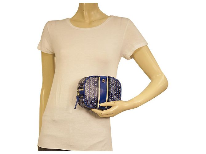 Tory Burch Blue White Chain Pattern Canvas Zipper Clutch Handbag Toiletry Bag - view 8
