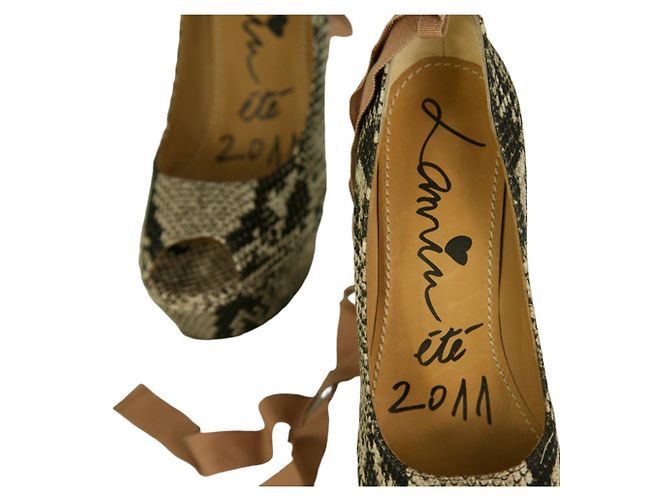 Lanvin Sake Pattern Canvas High Cork Heel Wedges Plateau Peep Pumps Schuhe 40 - Ansicht 10