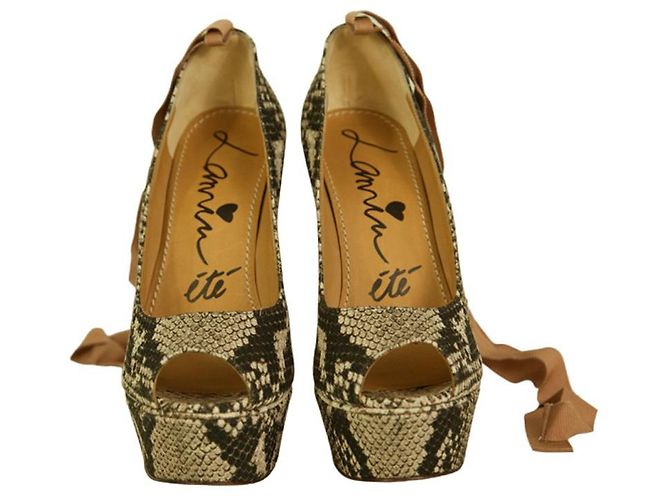 Lanvin Sake Pattern Canvas High Cork Heel Wedges Plateau Peep Pumps Schuhe 40 - Ansicht 2