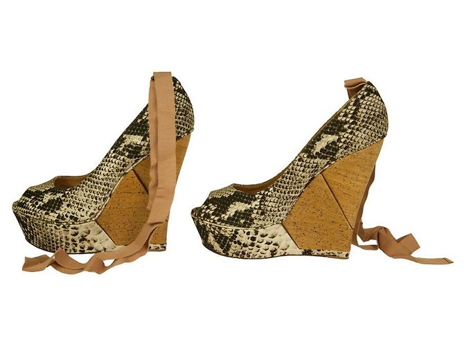 Lanvin Sake Pattern Canvas High Cork Heel Wedges Plateau Peep Pumps Schuhe 40 - Ansicht 4