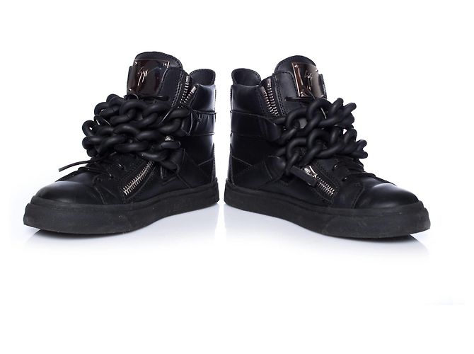 Giuseppe Zanotti, Sneakers alte in pelle con catena foderata nera. Nero - vista 3