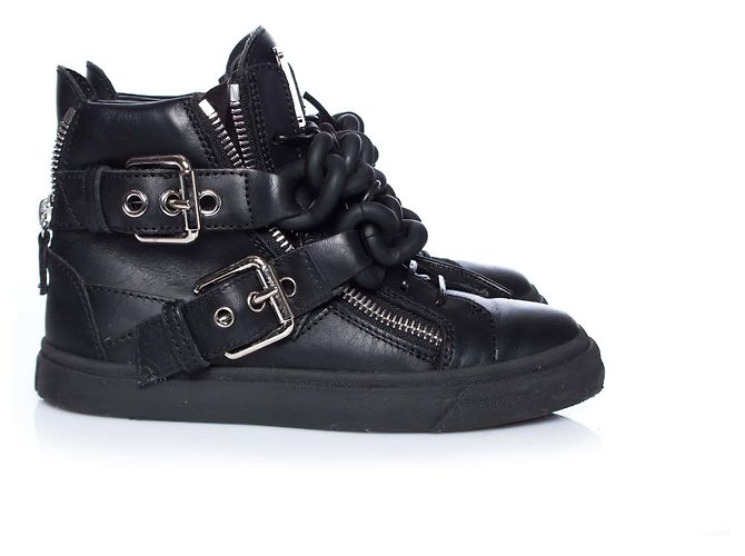 Giuseppe Zanotti, Sneakers alte in pelle con catena foderata nera. Nero - vista 4