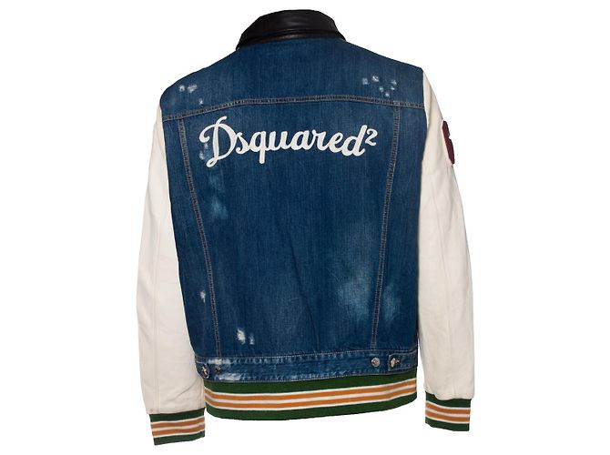 Dsquared2, Bomberjacke mit Lederärmeln Weiß Blau Grau - Ansicht 2