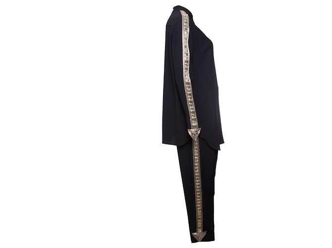 Chloé Chloe, Pantaloni blu scuro (36/XS) e camicetta (38/S) con ricami argentati lungo le maniche e le gambe. - vista 2
