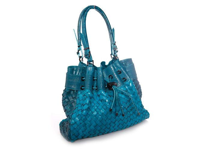 Burberry, bolsa de couro turquesa com estampa de crocodilo em relevo. Azul - vista 4