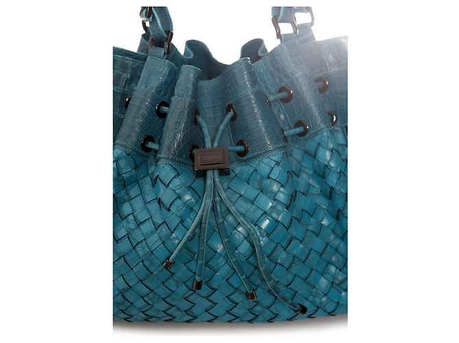 Burberry, bolsa de couro turquesa com estampa de crocodilo em relevo. Azul - vista 7
