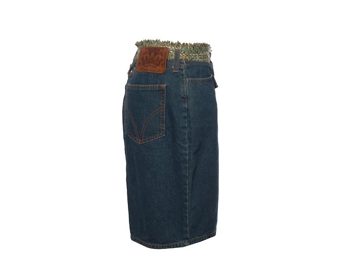 DOLCE & GABBANA, Mittelblauer Jeansrock mit grünem Tweed um die Taille in Größe IT44/M-L. - Ansicht 2