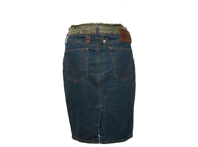 DOLCE & GABBANA, Mittelblauer Jeansrock mit grünem Tweed um die Taille in Größe IT44/M-L. - Ansicht 3