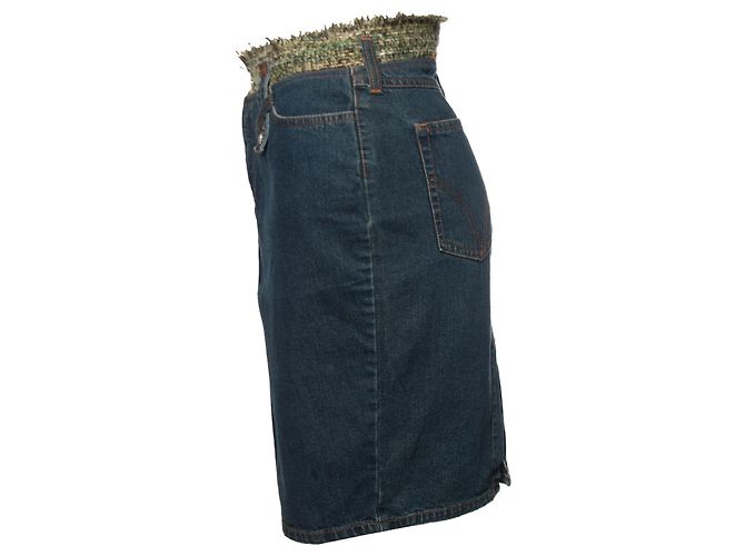 DOLCE & GABBANA, Mittelblauer Jeansrock mit grünem Tweed um die Taille in Größe IT44/M-L. - Ansicht 4