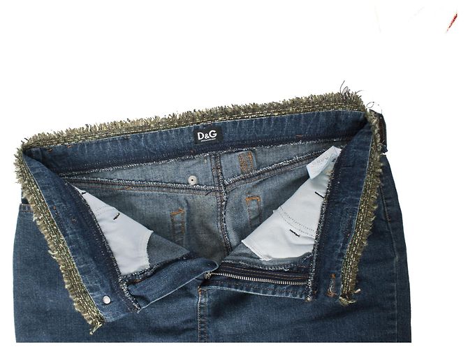 DOLCE & GABBANA, Mittelblauer Jeansrock mit grünem Tweed um die Taille in Größe IT44/M-L. - Ansicht 5