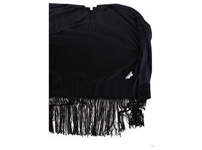 Autre Marque Les Petites…, schwarze halbtransparente Seidenjacke mit Fransen in Größe S. - Ansicht 5