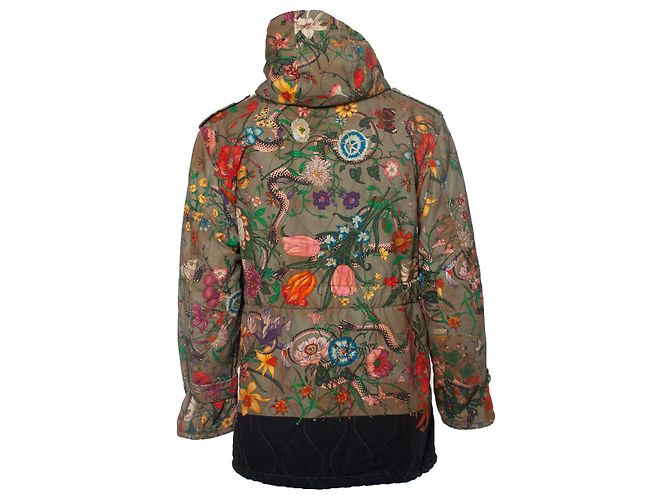 Gucci, Parka acolchada con estampado de serpiente Flora Verde - vista 2
