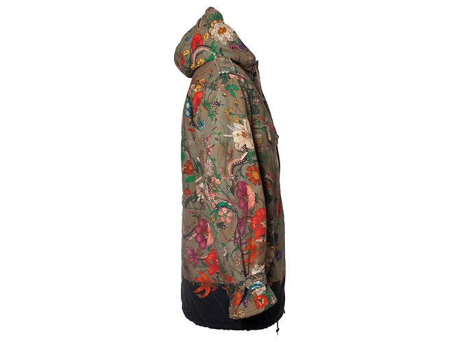 Gucci, Parka acolchada con estampado de serpiente Flora Verde - vista 3