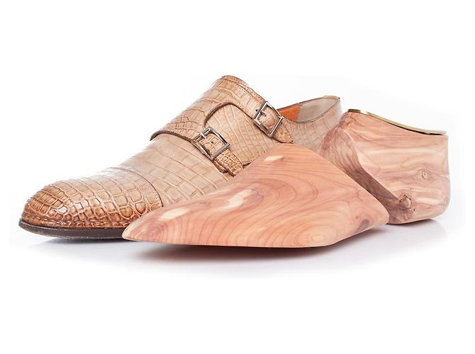 Santoni, scarpa con doppia fibbia foderata in alligatore marrone - vista 10