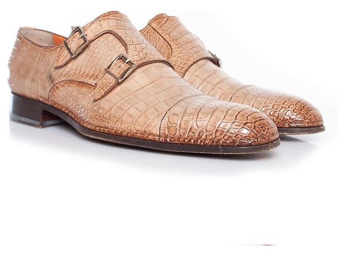 Santoni, scarpa con doppia fibbia foderata in alligatore marrone - vista 6