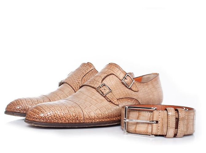 Santoni, scarpa con doppia fibbia foderata in alligatore marrone - vista 9