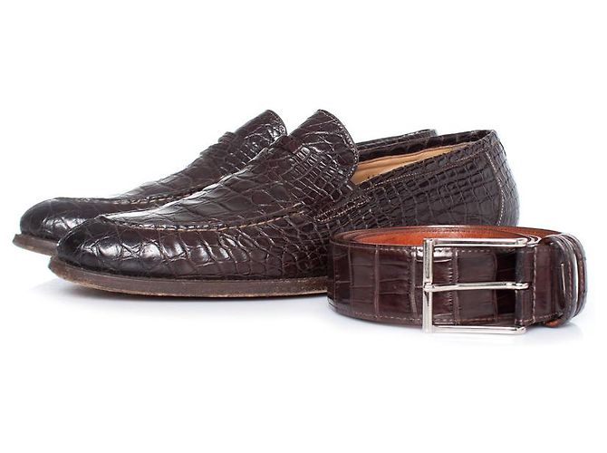 Santoni, mocassini penny in pelle di alligatore marrone - vista 10