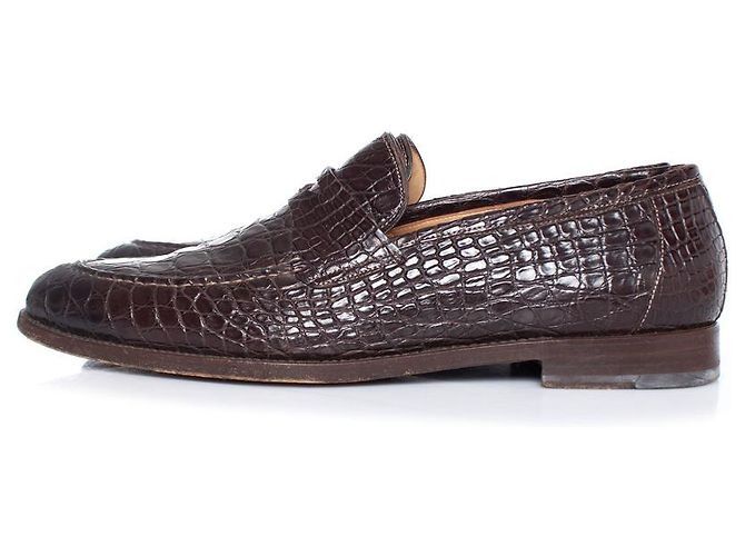 Santoni, mocassini penny in pelle di alligatore marrone - vista 2