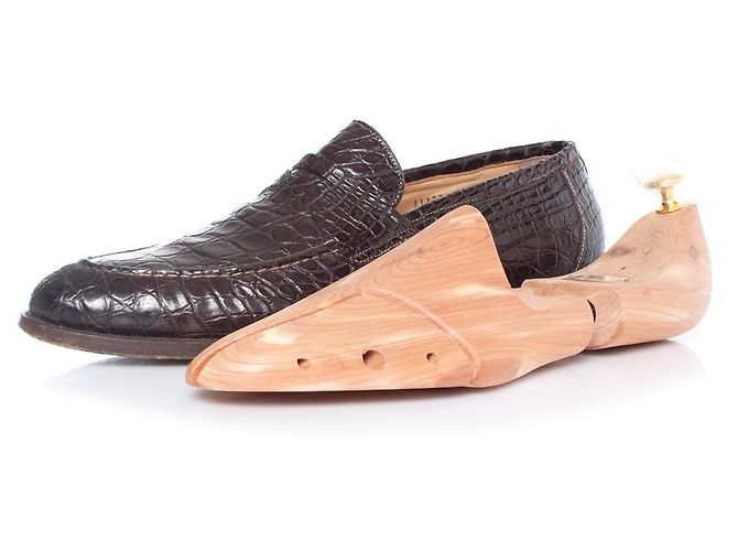 Santoni, mocassini penny in pelle di alligatore marrone - vista 9